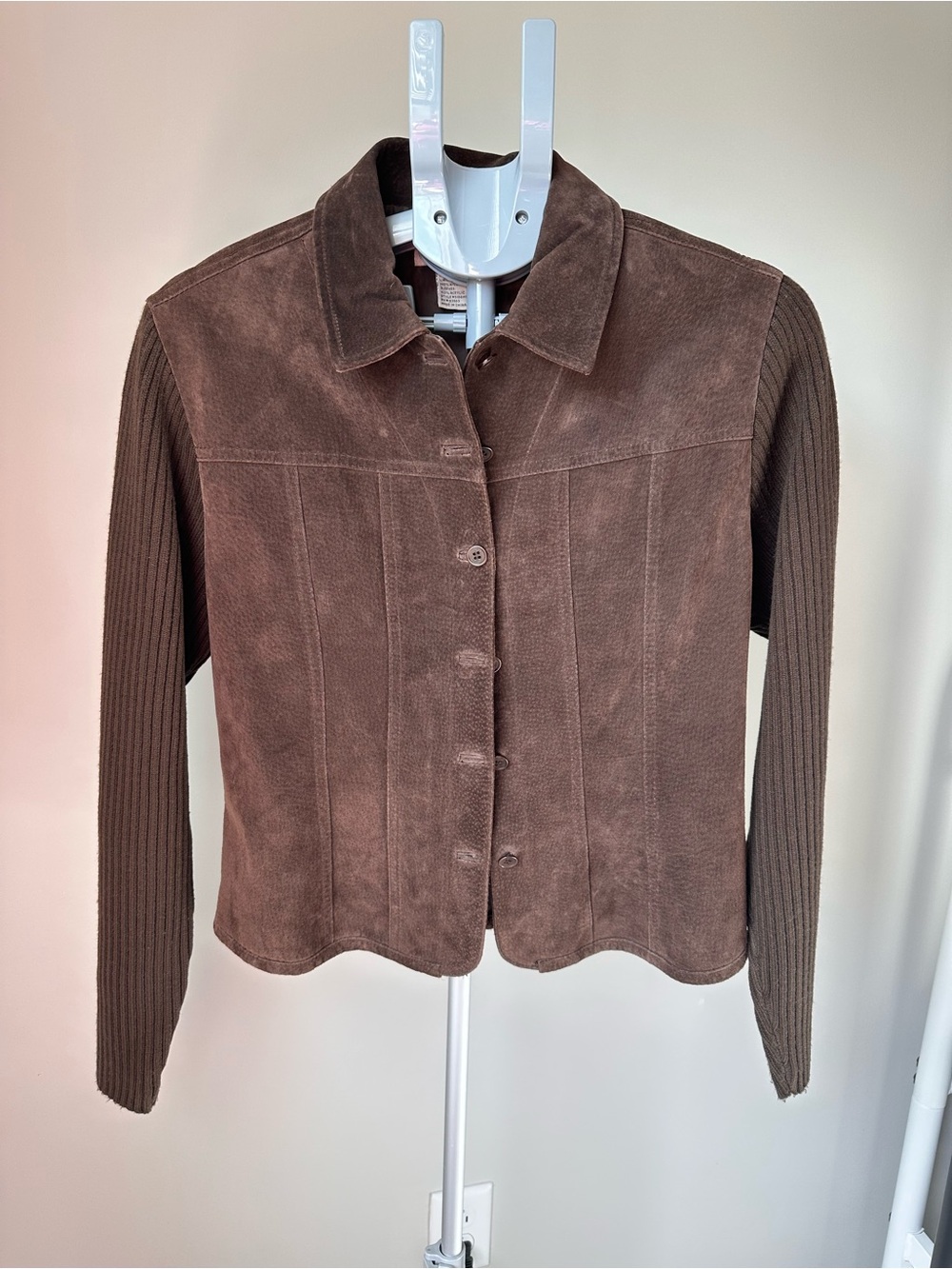 Y2K Vintage A.M.I. Brown Suede Leather Knit Ribbed Sleeve Jacket Button Medium